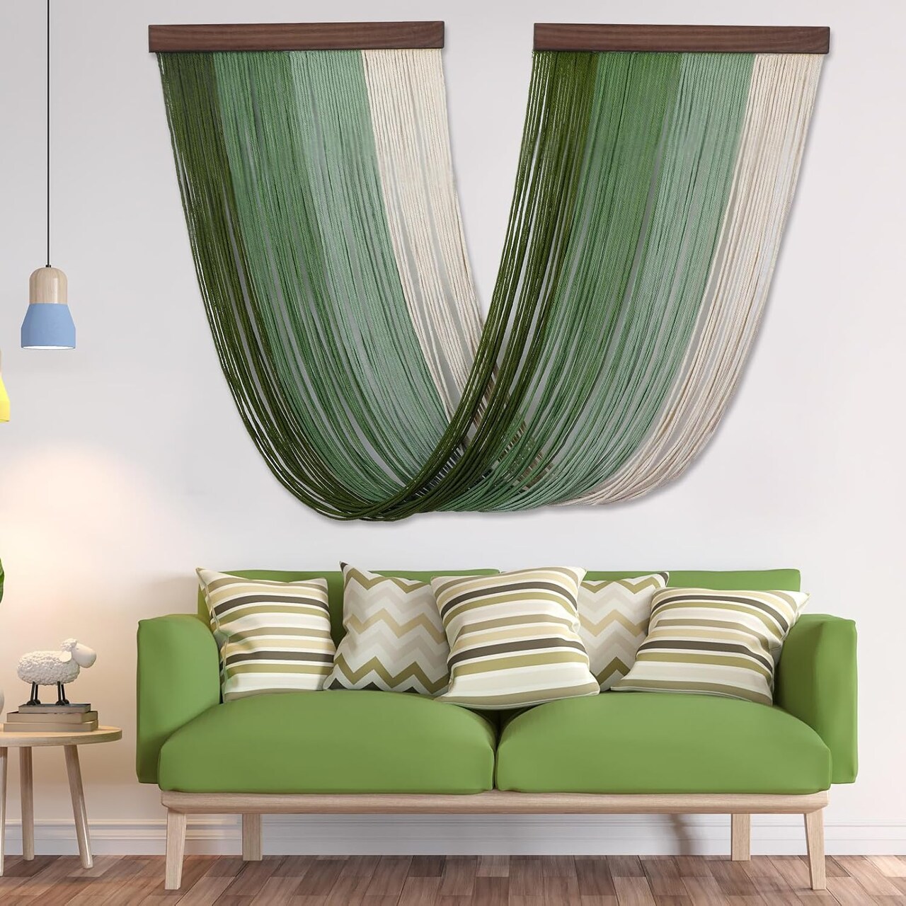 Large Macramé Wall Hanging – Green Boho Woven Tapestry with Tassels, Modern Yarn Wall Art for Bedroom or Living Room, 18" W x 32" H